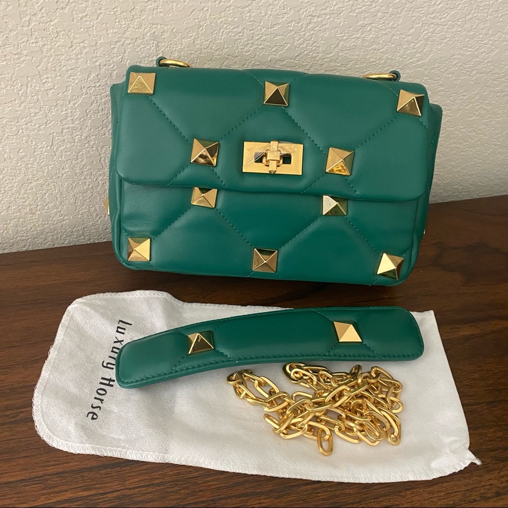Green Rockstud Large Roman Stud Spike Convertible Chain Shoulder Bag Purse